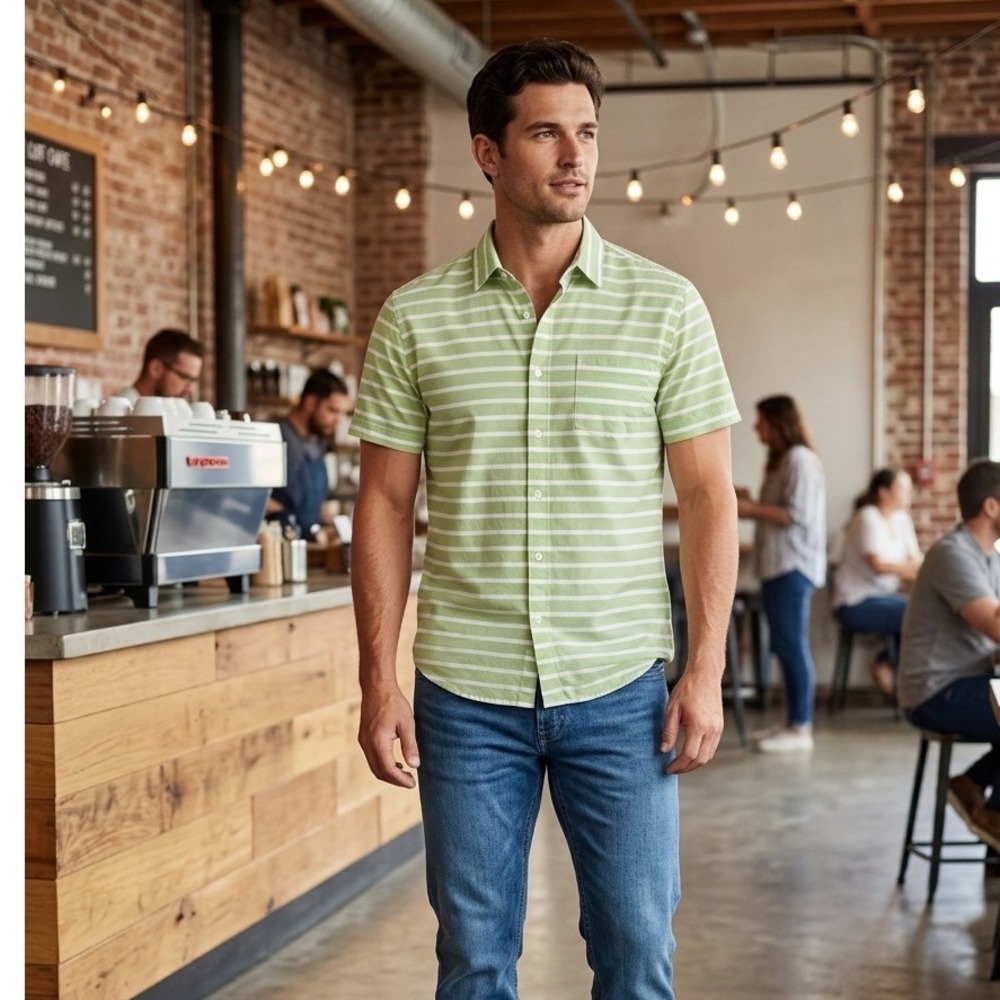 Bonobos Mens Stretch Riviera Short Sleeve Shirt Green White Stripe Slim Fit L